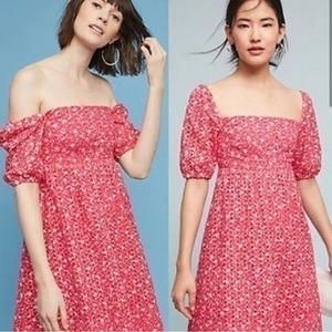 Anthropologie Lillianne Floral Eyelet Dress by Maeve Pink Off Shoulder Size 2P
